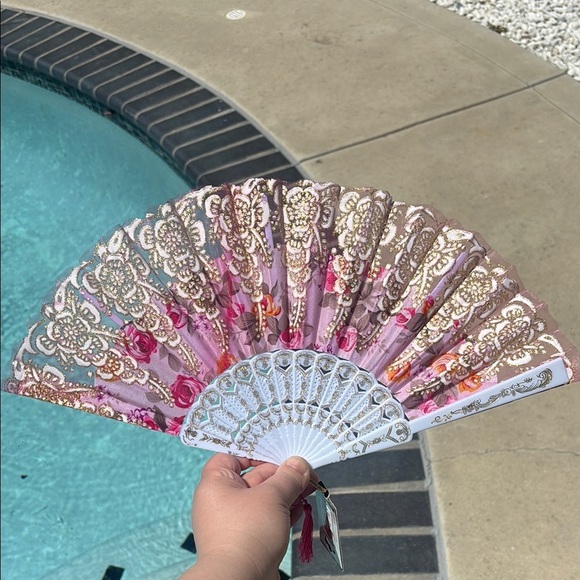 Elegant Pink Floral Hand Fan with Gold Accents - Picture 1 of 5